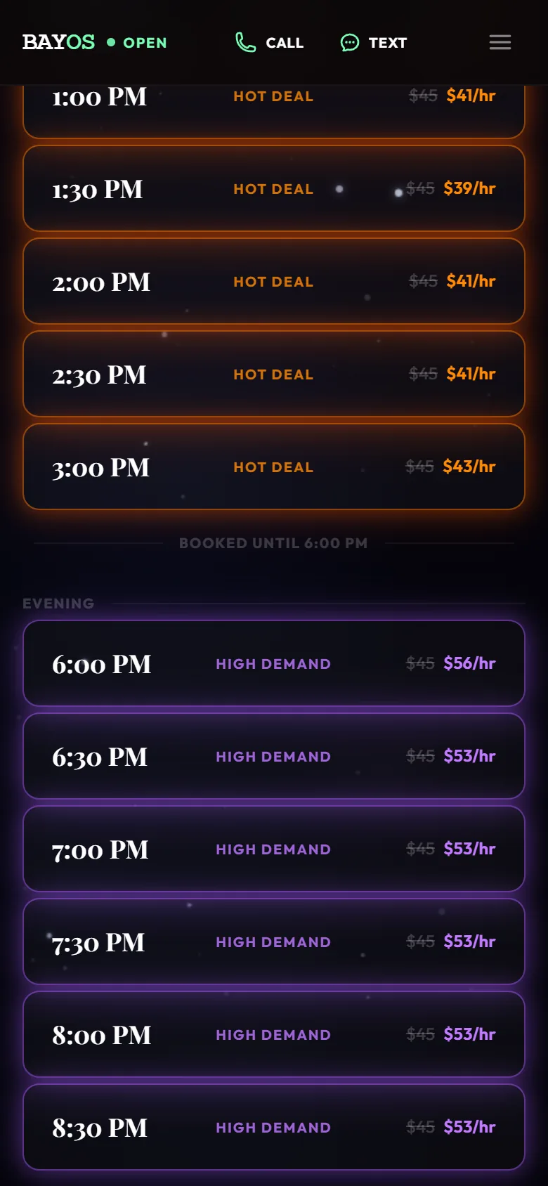 The real BayOS booking app on a phone: afternoon hot deals in orange and evening high-demand prices in purple