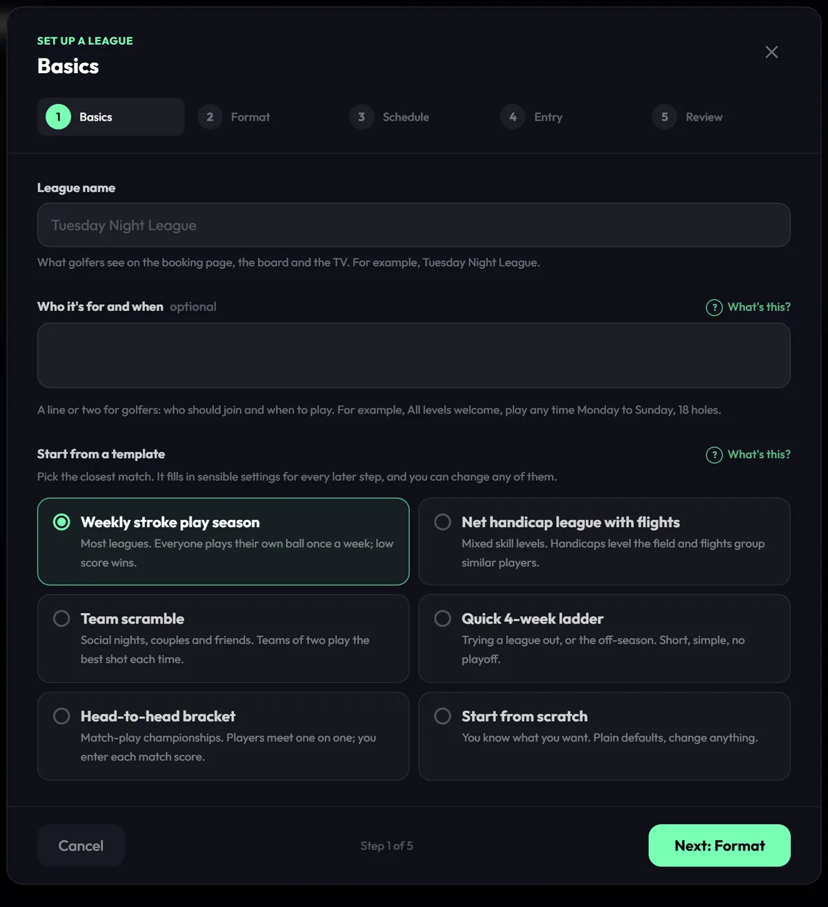 The real BayOS league setup wizard: name the league and start from a template such as weekly stroke play, net handicap with flights, team scramble, a 4-week ladder or a head-to-head bracket