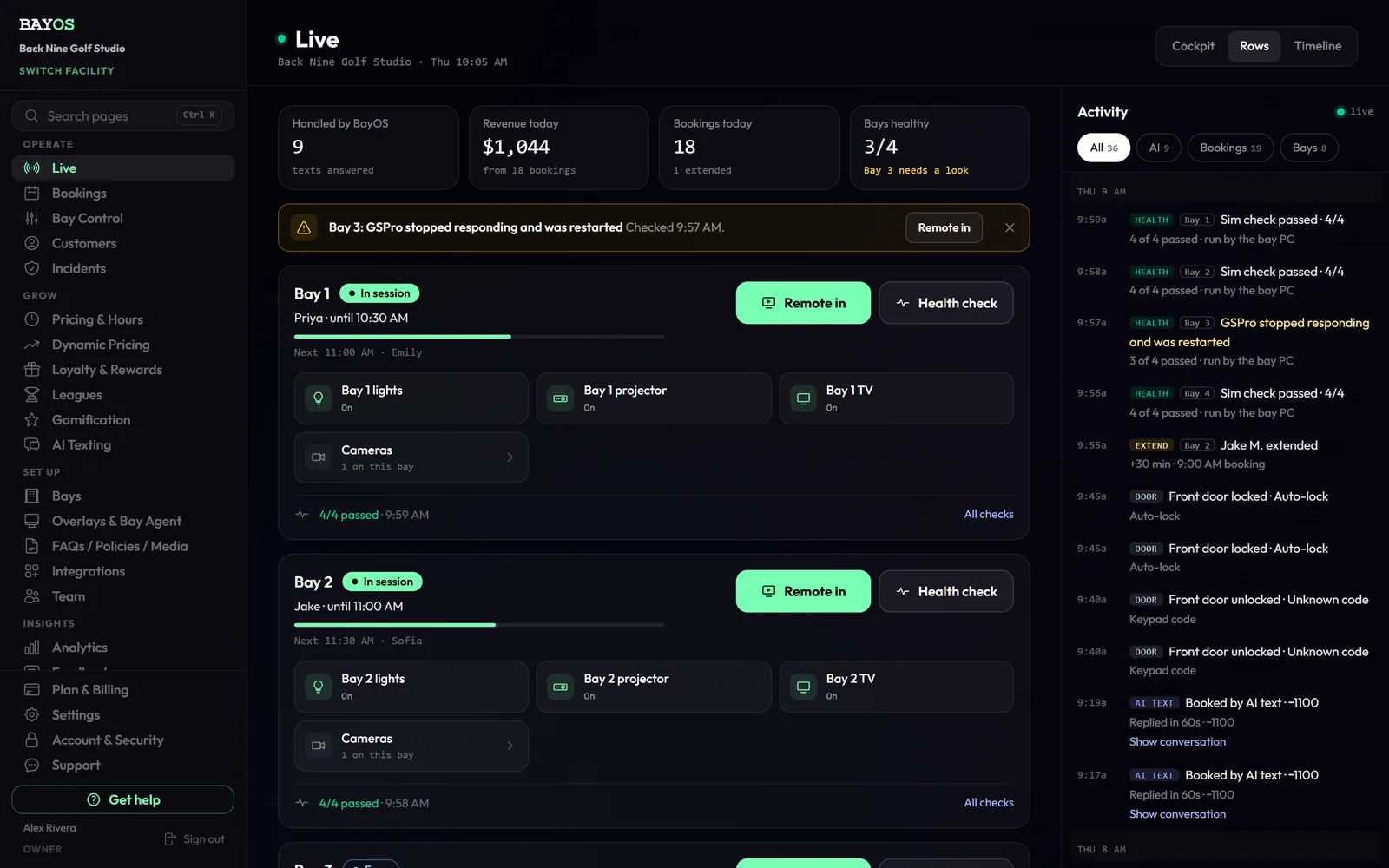 The real BayOS Live page in rows view: each bay with its session, lights, projector and TV controls, cameras and sim health