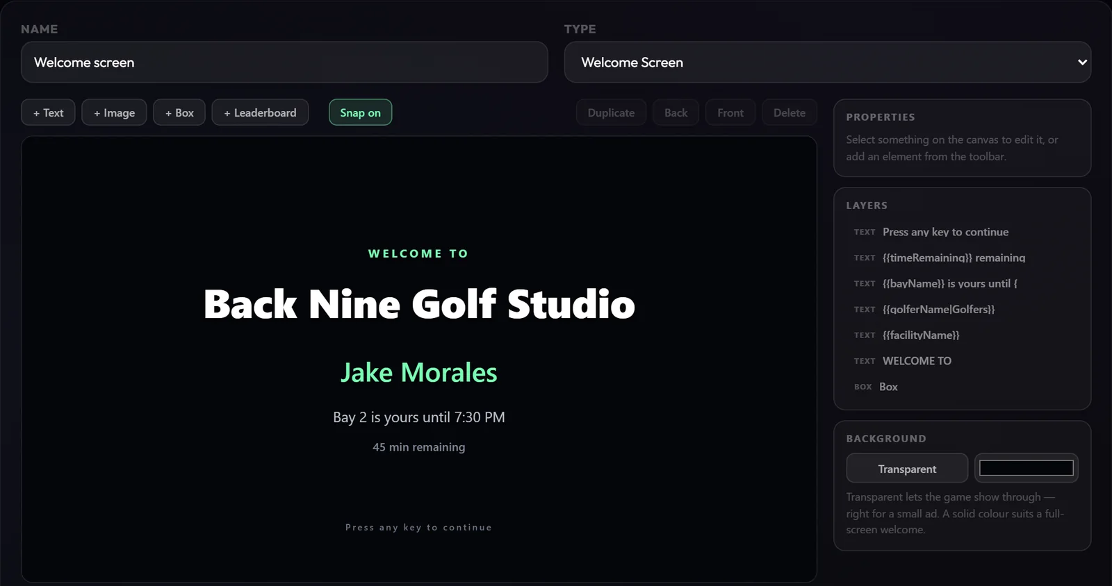 The real BayOS overlay designer with the welcome screen: Welcome to Back Nine Golf Studio, Jake Morales, Bay 2 is yours until 7:30 PM, 45 min remaining